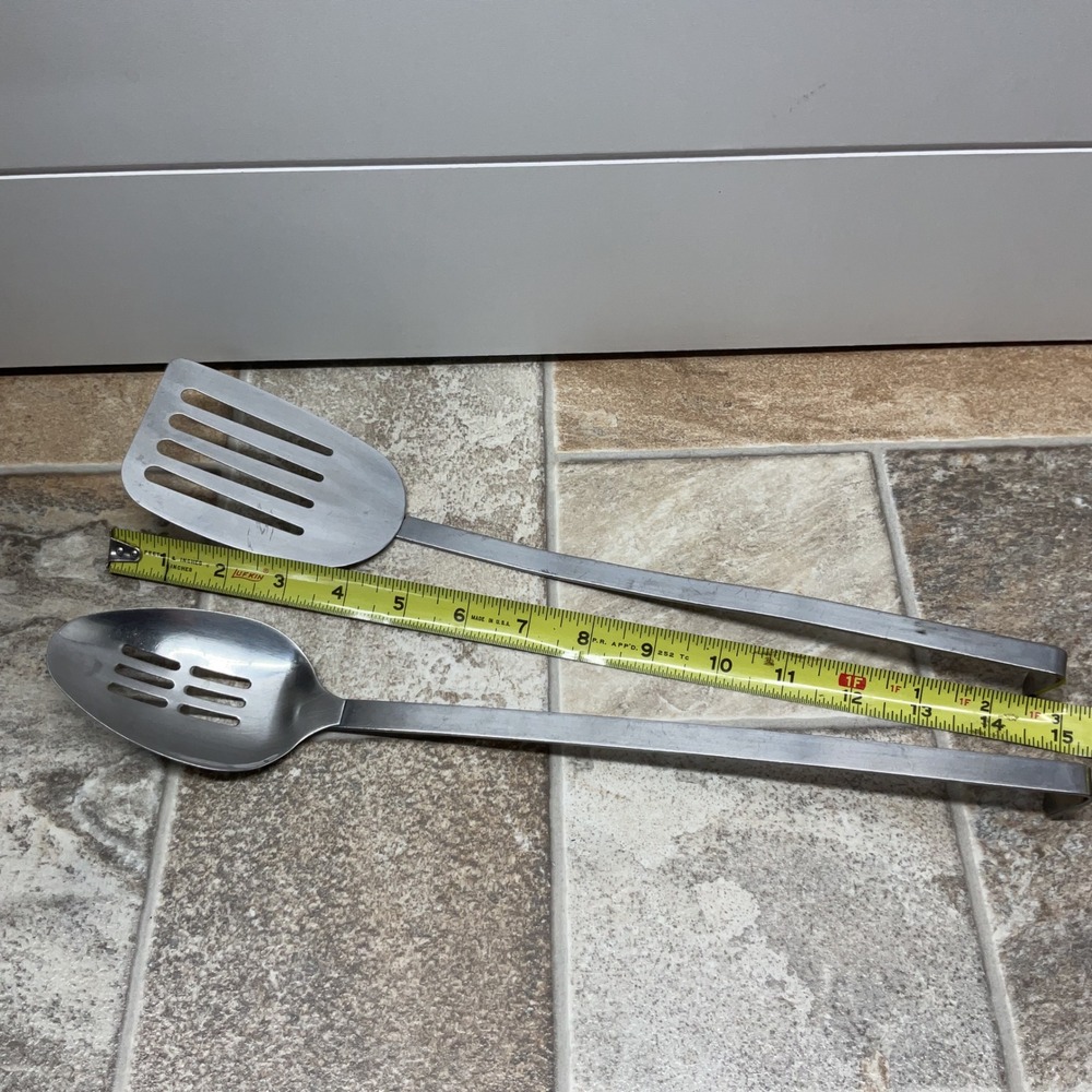 Vintage Style Stainless Steel Slotted Spatula and Spoon Set Long Handle Hooked